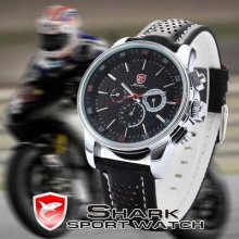Hot Shark Date Day Analog Leather Mens Silver Case Sport Quartz Watch Gift