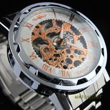 Hot Winner Mens Roman Numerals Hollow Skeleton Automatic Mechanical Steel Watch