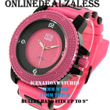 Iced Out Men's Pink/black Ice Nation/pave Master Hip Hop Silicone Watch