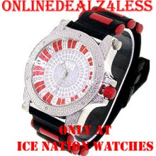 Iced Out Men's Silver/red Ice Nation/pave Master Hip Hop Silicone Watch