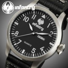 Infantry Classic Mens Quartz Day Date Analog Black Leather Strap Wrist Watch