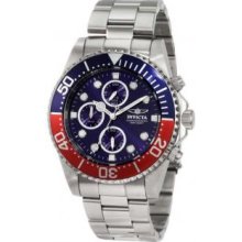 Invicta 1771 Mens Stainless Steel Pro DIver Quartz Chronograph Blue Dial Red and Blue Bezel
