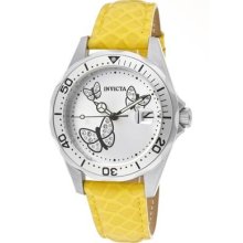 Invicta Womens Pro Diver Crystal Accented Butterfly Dial Yellow Leather Watch