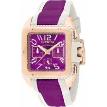 Invicta Women's Swiss 18k Gold Plated Cuadro Purple Dial White Leather