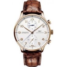 Iwc Portuguese Silver Dial Chronograph Rose Gold Leather Automatic Mens Watch