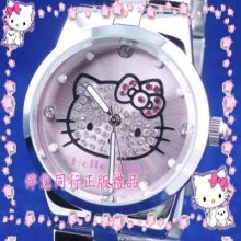 Japan Hello Kitty Pink Dial Lady Watch W/ Kitty Face Shape Crystals Rc68l-02a