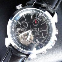 Jaragar Black Leather Strap Men Mechanical Tourbillion Automatic Sta