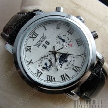Jaragar White Dial Day/night Multi-functional Automatic Leather Watch