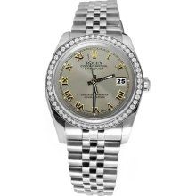 Jubilee Rolex date just gray roman dial diamond bezel SS datejust watch