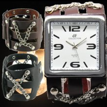 K0611 Square Quartz Men/women Punk Rock Leather Watch Steel Cross Brown Black