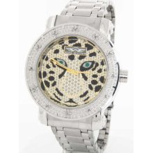 King Master Gold Lion Dial Stainless Steel Mens 0.12ct Diamond Quartz Watch 104m