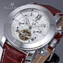 Ks Men's Luxury Tourbillion Automatic Mechanical Leather Dress Wrist Watch