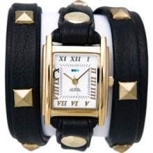 La Mer Black Wrap Watch with Gold Pyramid Studs