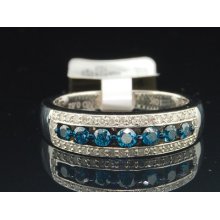Ladies 10k White Gold Blue & White Diamond Engagement Ring Wedding Band 0.52 Ct.