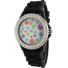 Ladies Black Silicon Watch w/ Multi Polka Dot Print & Crystals Silver Bezel - Silver - Sterling Silver - 3