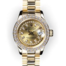 Ladies Champagne String Dial Beadset Bezel Rolex President (409)