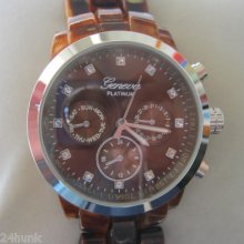 Ladies Geneva Chronograph Watch,tortoise Shell Band- Silver Bezel