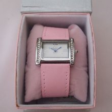 Ladies Glam Watch White Oblong Face Stones Down Sides Pink Strap