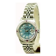 Ladies Rolex Datejust Watch Blue Dial, Diamond & Ruby Bezel - Preowned