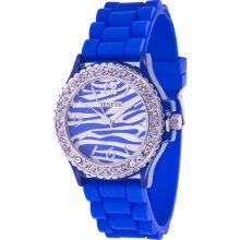 Ladies Royal Blue Silicone Watch w/ Zebra Print & Crystals on Silver Bezel - Silver - Silver - One Size