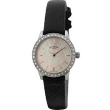 Ladies Silver Rotary White Case Watch W/ Crystals & Black Leather Strap