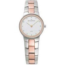 Ladies' Skagen Swarovski Crystal Two-Tone Stainless Steel Watch with Silver Dial (Model: 430SSRX) casio