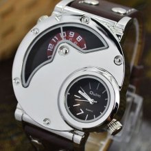 Large Dial Dual Time Display Quartz Leather Men's Leisure Sport Wrist Watch