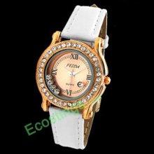 Leather Band Rhinestone Golden Dial Woman's Good Watch
