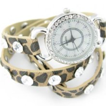 Leopard Leather Clear Crystal Studded Wrap Watch