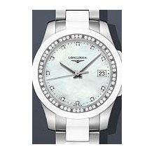 Longines Conquest Lady Diamond Ceramic 35mm Watch - Mother of Pearl Dial, Steel and Ceramic Bracelet L32810877 Sale Authentic