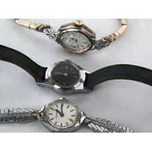 Lot Of 3 Women's Mechanical Hand Wind Watches For Parts Or Repairno Reserve