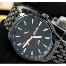 Luxury Black Steel Alloy Mens Wristwatch Quartz Sport Chronograph Hour Clock