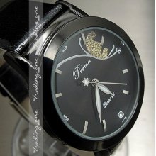 Luxury Clock Quartz Hour Analog Dial Black Leather Women Wrist Watch Ah175