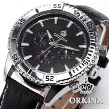 Luxury Orkina Stopwatch Mens Elegant Leather Sport Steel Case Quartz Wrist Watch