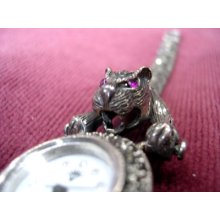 Magnificent Sterling Silver Marcasite Ruby Panther Cat Watch Bracelet With Ring