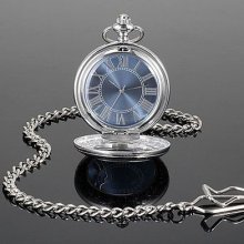 Magnifier Cover Blue Dial Silver Mens Womens Chain Pocket Mechanical Watch