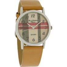 Marcel Drucker Ladies Plaid Checker Dial Tan Band Quartz Watch New 22-173