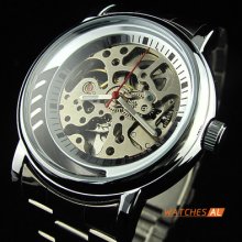 Masculine Mens Special Skeleton Automatic Mechanical S/steel Wrist Watch
