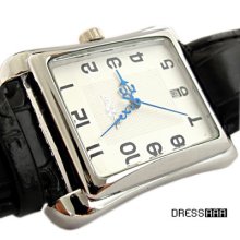 Men Automatic Mechanical White Rectangular Dial Black Pu Leather Wrist Watch