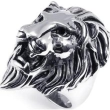 Men Black Silver Stainless Steel Lion King Ring Size 10