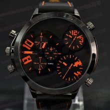 Men Boy Quartz Analog Black Orange Students Wrist Watch Leather Band Large Dial