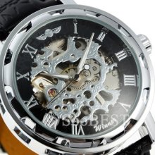Men Hot Black Leather Band Skeleton Auto Automatic Mechanical Sports Wrist Watch