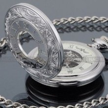 Men Retro Silver Vintage Roman Skeleton Hand-winding Mechanical Pocket Watch