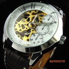 Men White Partly Hollow Transparent Dial Self-winding Mechanical Wrist Watch
