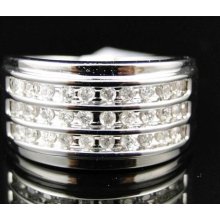 Mens 10k White Gold Round Cut Diamond 3 Row Engagement Wedding Pinky Band Ring