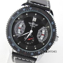 Mens Automatic Mechanical Black Leather Strap Analog Calendar Date Wrist Watch