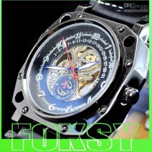 Men's Automatic Mechanical Watches Black Leather Gold Dial Mens Spo