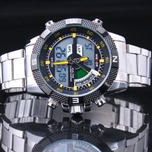 Mens Boys Chronograph Waterproof Yellow Dial Stainless Steel Sport Watch Ff