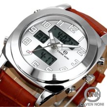 Mens Casual Sport Lcd Date Stopwatch Dual Time Brown Leather Band Quartz Watch