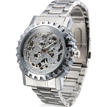 Men's Cool Metal Silver Analog Automatic Mechanical Skeleton Wrist Watch